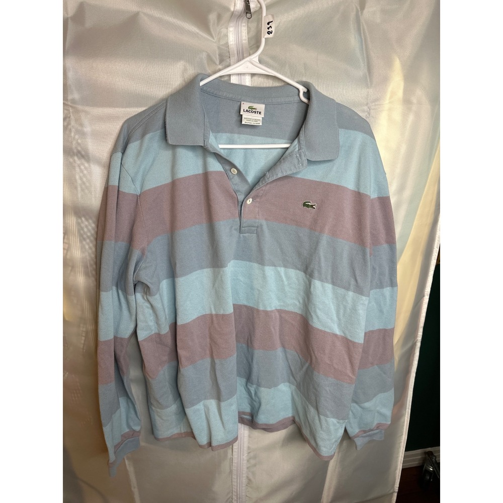 Lacoste Mens Striped Long Sleeve Polo Shirt Blue Lavender Pique Size 6 XL